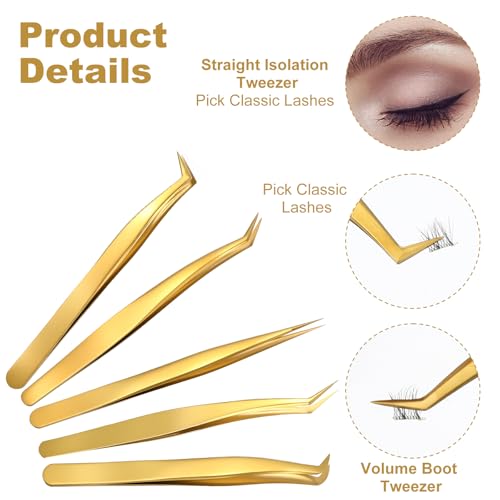 5 Pcs Lash Tweezers Set High Precision Stainless Steel Eyelash Tweezers Gold Curved Volume Professional Applicator Individual Lash Extensions Tool with Storage Box for Classic