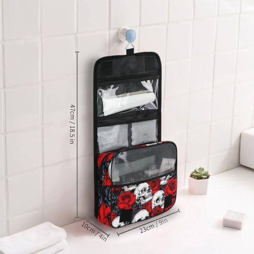 Hanging Toiletry Bag for Women Red Rose Flower Skull Makeup Bag Travel Essentials Toiletries Organizer Bag Floral Skeleton Cosmetic Bag Foldable