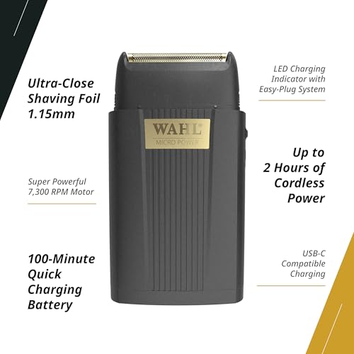 Wahl Professional Micro Power Shaver, Cordless Ultra-Close Finishing Foil for Precision Grooming, 2 Hour Runtime