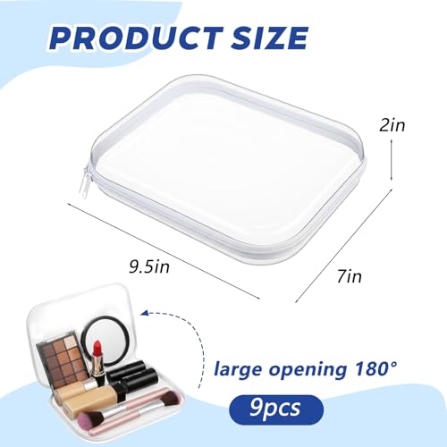 Dimore 9 Pack Medium Clear Hard Shell Zipper Case, 9.5x7x2 Inch Versatile PVC Organizer Box with Zipper, Multi-Purpose Storage Pouch for Makeup, Toiletries, Office Supplies, Chargers