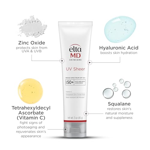 EltaMD UV Sheer Face Sunscreen, SPF 50+ No White Cast Sunscreen for Face and Body, Zinc Oxide Sunscreen Formula