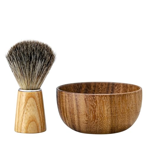 Shaving Brush and Bowl Set Synthetic Hair Shaving Brush with Solid Wood Handle and Wooden Shaving Soap Bowl for Men Easy to Lather Fits Wet Shaving