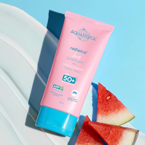 Aqualogica Radiance+ Dewy Face Sunscreen with SPF 50+ & PA+++ | Broad Spectrum Protection & No White Cast | Helps Give Healthy Skin with Watermelon & Niacinamide | 2.82 Oz/80g