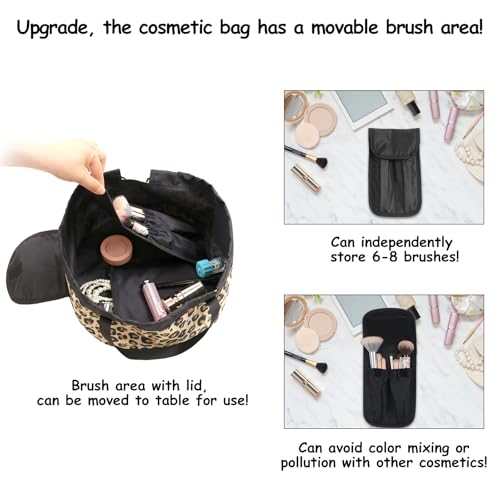 Drawstring Makeup Bag Open Flat ¡§C Barrel Drawstring Cosmetic Bag for Women Toiletry Bag for Travel with Brush Bag (Leopard)