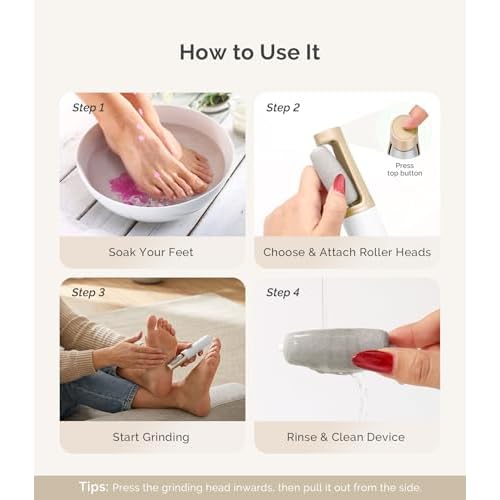 MelodySusie Electric Callus Remover for Feet, PC800G IPX7 Waterproof Rechargeable Pedicure Tool with LED Light & 3 Grits Roller Heads & Adjustable Speeds, for Dead Skin & Cracked Heel, White Gold