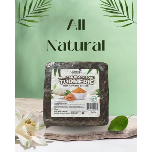 Aleheri's African Black Soap Turmeric 16 oz - 100% All Natural, Raw Ingredients, From Ghana. For All Skin Types, Helps Rejuvenate, Aids Against Dark Spots, Eczema, Stretch Marks on Face & Body