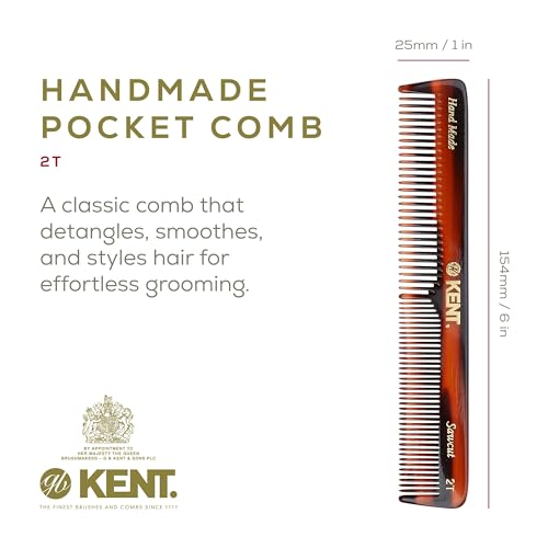 Kent 2T Fine Toot and Wide Tooth Comb For Men, Small Beard and Mustache Comb, Daily Hair Styling and Mens Grooming Combs,Handmade Saw-Cut and Polished, Made in England