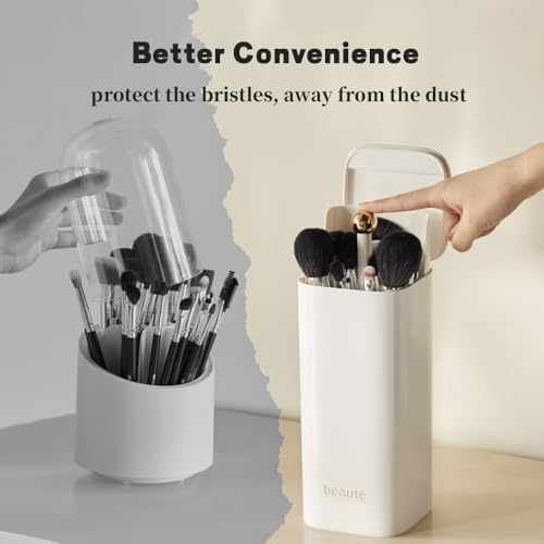 Automatic Lifting Makeup Brush Holder with Lid Dustproof Cosmetic Organizers for Vanity-White