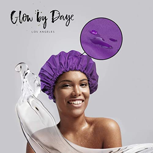 Glow by Daye Satin Lined Shower Cap, Adjustable and Waterproof with Satin Interior for Hair Protection, Large, Purple Rain