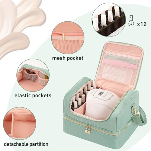 Nail Polish Organizer Case, Nail Supplies Storage Holds 60 Bottles Nail Polish & Nail Lamp Gel Nail Travel Carrying Bag for Nail Kit (Green)