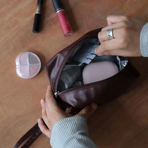 Soft Square Pouch | Lightweight Nylon Cosmetic & Accessory Bag with Strap | 3 Sizes 3 Colors (Brown, S+M+L SET (3 Pcs))