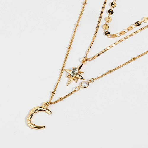 Boho Simple Gold Moon and Star Sequins Layered Necklace Dainty Pearls Chain Moon Pendant Long Necklaces Jewelry for Women