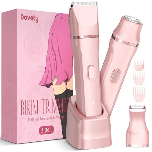 Bikini Trimmer for Women, Dovety 3 in 1 Painless Electric Razors for Women, Rechargeable Pubic Hair Trimmer Electric Shaver for Legs Body Facial Hair, IPX7 Waterproof, Ceramic Blade, USB Charge Dock
