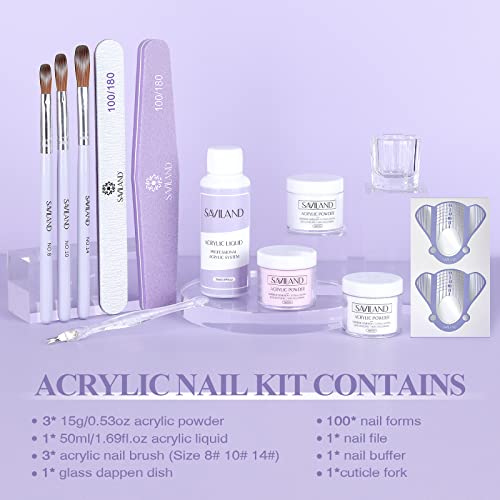 Saviland Acrylic Nail Kit for Beginners: 3 Colors Acrylic Powder, 50ml Acrylic Liquid, #8/10/14 Brushes, 100Pcs Nail Forms & Manicure Tools Professional Nail Kit Acrylic Set