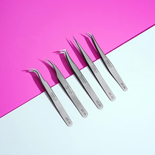 Eyelash Extension Tweezers - 5 PCS of Lash DIY Precision Set, Curved Volume Lash Tweezers - Cluster Application and Removal of Eye Lashes Extensions Stainless Steel