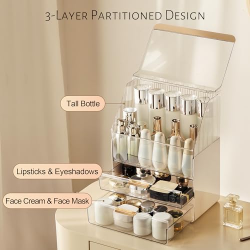 JOYMOOP Makeup Organizer with Transparent Cover, Skincare, Lipstick and Perfume Storage, Cosmetic Organizer, Makeup Box for Bathroom Countertop or Vanity Desk, White & Gold