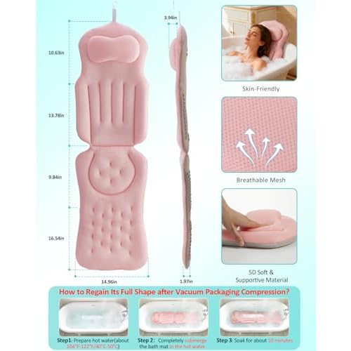 Full Body Bath Pillow for Bathtub, 5D Thick Tub Pillow for Bathtub with 192 Non-Slip Suction Cups, Laundry Bag & Hook, Bathtub Pillow for Head, Neck & Back Support (Pink, 51"*15")