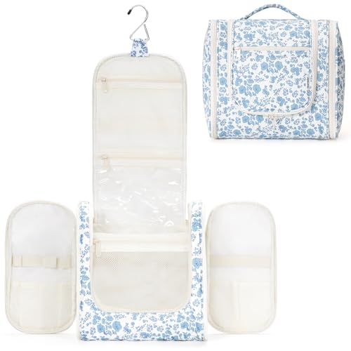 Narwey Large Hanging Toiletry Bag for Women Travel Makeup Bag Make up Organizer Toiletries Bag for Cosmetics Essentials Accessories (Large, Little Blue Flower)