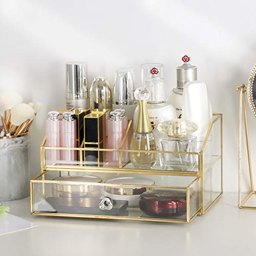 YUEHUA Glass Makeup Organizer, Clear Makeup Brush Organizer Jewelry Display Box, Gold Makeup Nail Polish Lipsticks Eyeliners Holder Organizer for Vanity Bathroom Office