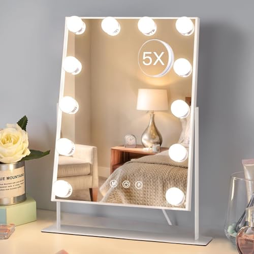 HIEEY Hollywood Vanity Mirror with 12 Dimmable Bulbs Lights, Three Color Lighting Modes, and 5X Magnification, Smart Touch Control, 360¡ÆRotation (White,Gift Box)
