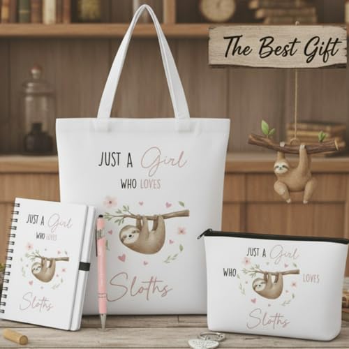 Ceenna 5 Pcs Sloth Gifts for Women, Just a Girl Who Loves Sloth Cosmetic Makeup Bag, Canvas Bag, A6 Spiral Notebook Lined Journal, Writing Gel Ink Pen and Funny Keychain for Girl Animal Lovers Gift