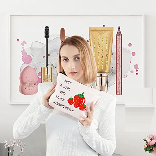 LEVLO Funny Strawberry Cosmetic Bag Fruit Lover Gift Just A Girl Who Loves Strawberries Makeup Zipper Pouch Bag Strawberry Lover Gift (Who Loves Strawberries)