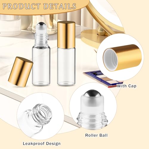 40 Pcs Essential Oils Roller Bottles Small Refillable Glass Perfume Bottles Sample Vials with Roller Balls & Gold Lids for Travel Cosmetic - 5ml