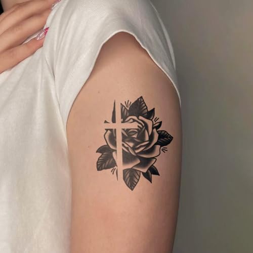 Semi Permanent Tattoo, 2 Sheets Realistic Temporary Hand Tattoos for Women, Lasts 2 Weeks Fake Tattoos for Hand Wrist, Waterproof Non-Reflective, Cross Rose & Rose Quotes Tattoos