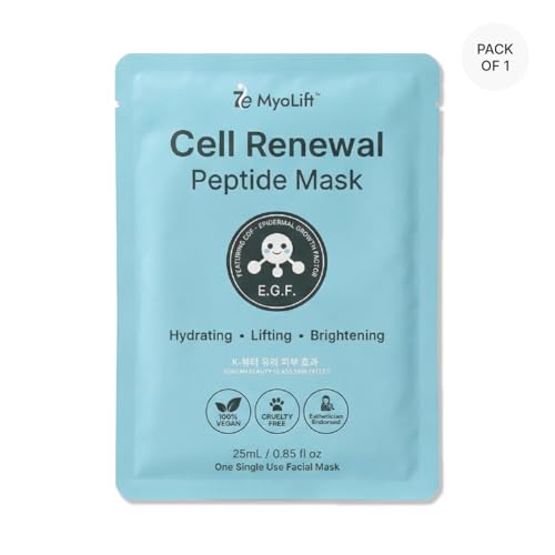MYOLIFT Cell Renewal Peptide Mask(EGF)? 100%Vegan, Bio-Cellulose FaceMask for CellRenewal, Skin Firming, Hydrating & Brightening-with Niacinamide, Hyaluronic Acid& EGF|Korean Skincare Sheet Mask?Pack5