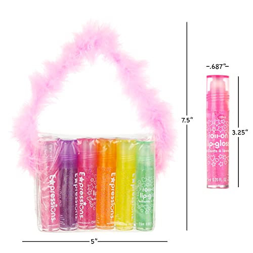EXPRESSIONS 12pc Roll On Gloss Set Maribou Handle Carrying Case - Makeup Kids Teens Assorted Fruity Flavors Non Toxic Friendly Supplies