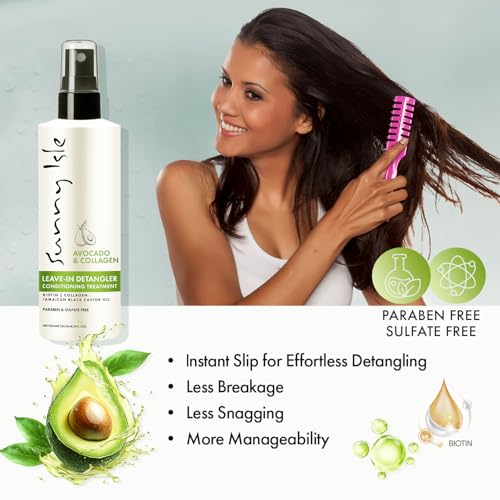 Sunny Isle Avocado & Collagen Leave-In Detangler Conditioner - Biotin, Jamaican Black Castor Oil, Paraben Free - 8 oz