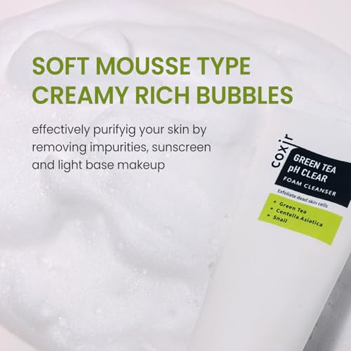 coxir GREENTEA PH CLEAR FOAM CLEANSER 1.01 fl.oz l Low pH Formula Facial Washes with Gentle Exfoliating l deep cleanses pores and remove dead skin cells on skin, Korean skincare