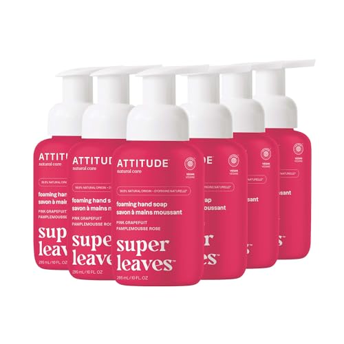 ATTITUDE Foaming Hand Soap, EWG Verified, Plant and Mineral-Based Ingredients, Vegan and Cruelty-free Personal Care Products, Pink Grapefruit, 10 Fl Oz (Pack of 6)