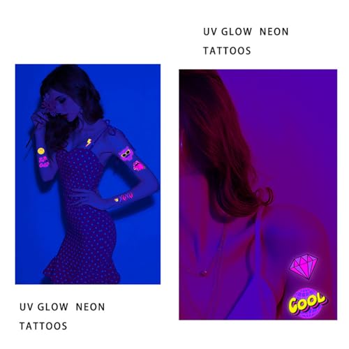 4 Sheets Glow in The Dark Temporary Tattoos for Kids Adults Waterproof Neon UV Blacklight Body Face Flash Fake Tattoo Stickers Rave Party Supplies (Multicolor-3)