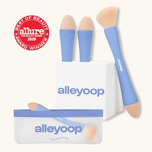 Alleyoop Multi-Tasker 4-in-1 Travel Makeup Brush Set ? Compact Makeup Brushes with Blending Sponge, Eyeshadow, Eyebrow & Liner, Blush & Bronzer Brush ? Mini Makeup Tools Kit for Women, Vegan