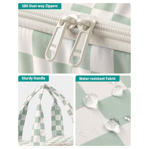 Narwey Checkered Travel Toiletry Bag for Women Large Makeup Bag, Wide-open Cosmetic Make Up Organizer with Handle, Travel Bag for Toiletries, Essentials, Accessories (Mint Green Checkerboard)