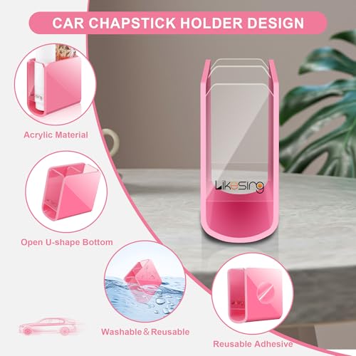Car Chapstick Holder, Acrylic Pink Car Chap Upright Lip Balm Holder, Work Computer Side Lipstick Organizer Case Accessories Mount for Women Auto Vehicle SUV 2 Dividers
