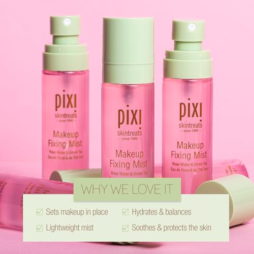 Pixi Beauty Makeup Fixing Mist 80ml, All Over Setting Spray For Longer Wearing Makeup, Rose Water and Green Tea Infused, 2.7 Fl Oz