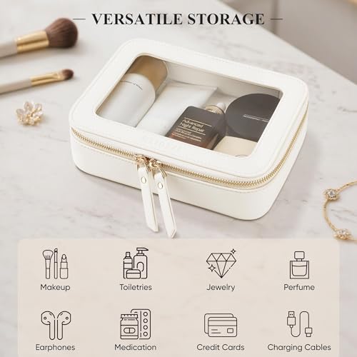 Clear Makeup Bag, Travel Toiletry Bag Cosmetic Case for Women, Waterproof Portable Make Up Skincare Pouch with Zipper, Compact Car Organizer Bag for Essentials, Mini & Medium, Ivory White