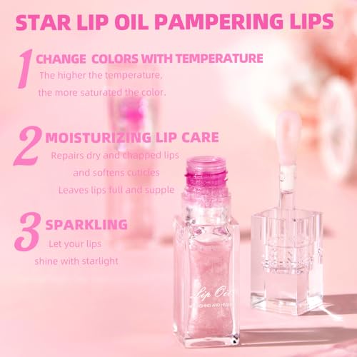 Moisturizing Nourishing Color Changing Lip Oil, Hydrating Lip Glow Oil£¬Upgraded Big Brush Head Warm Change Lip Gloss, Long Lasting Nourishing Plumping, Non-Sticky For Dry Lips (Pink, 0.23oz)
