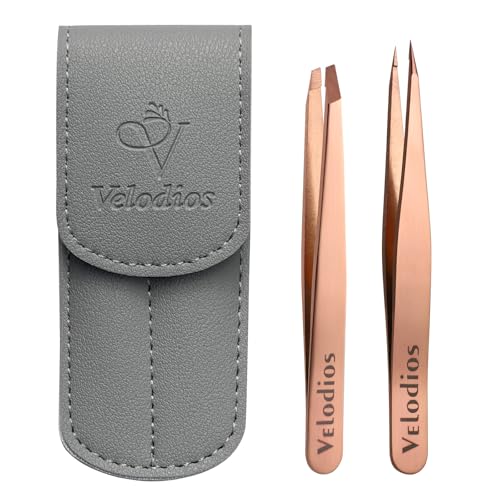 2-Pack Precision Tweezers for Eyebrows, Facial Hair, Ingrown Hair Removal, Professional Stainless Steel Eyebrow Tweezers for Women and Men, Tweezer Set with PU Travel Case