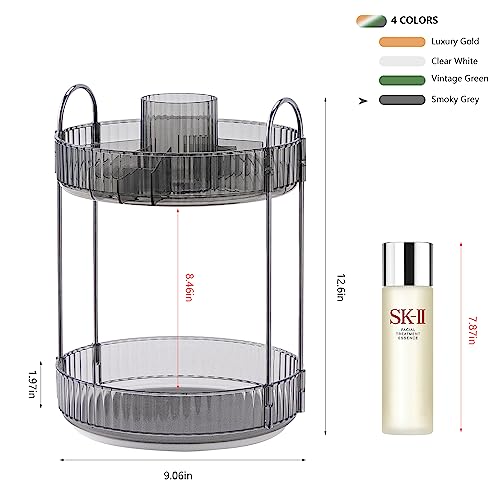 360 Rotating Makeup Organizer, Large Capacity Bathroom Organizer Countertop, 2 Tiers Make Up Organizers and Storage for Vanity, for Perfume, Skincare, Cosmetics, Lipsticks, Smoky Gray