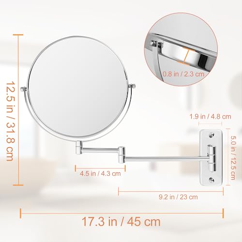 8¡± Wall Mounted Makeup Mirror - 1X/10X Double Sided Magnifying Bathroom Mirror, 360¡Æ Swivel Extendable Vanity Shaving Mirror with Adjustable Arm for Bathroom, Chrome£¨No Light£©