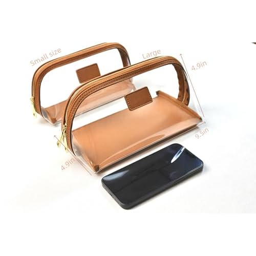 Clear Makeup Bag, Leather Makeup Case, Travel Toiletry Bag, Portable Cosmetic Bag, Transparent Waterproof Cosmetic Organizer Storage Bag (Brown, Large)