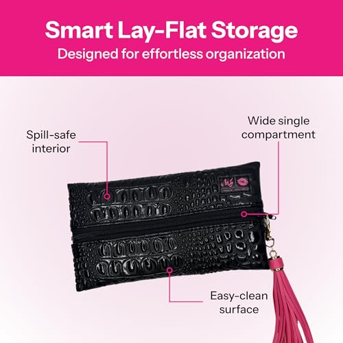 Makeup Junkie Mini Makeup Bag - Bubble Gator Onyx - Patented Lay Flat Travel Toiletry Bag for Women - 4" x 7" Handmade USA Cosmetic Pouch with Wipeable Lining