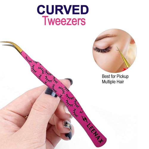 Professional 2-Piece Eyelash Extension Tweezers Set ? Premium Stainless Steel Precision Tweezers with Anti-Slip Grip with Fiber Tips (Pink)