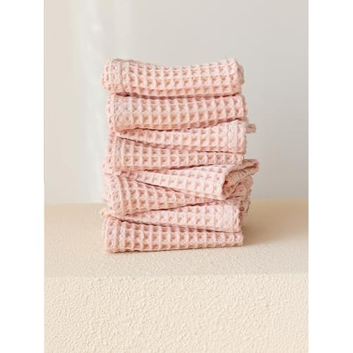 Premium 100% Turkish Cotton Wash Cloths & Face Towels Pack of 8, Luxury Turkish Waffle Washcloth Ideal for Bath, Makeup, Kitchen (Light Pink, Set of 8 Washcloths)