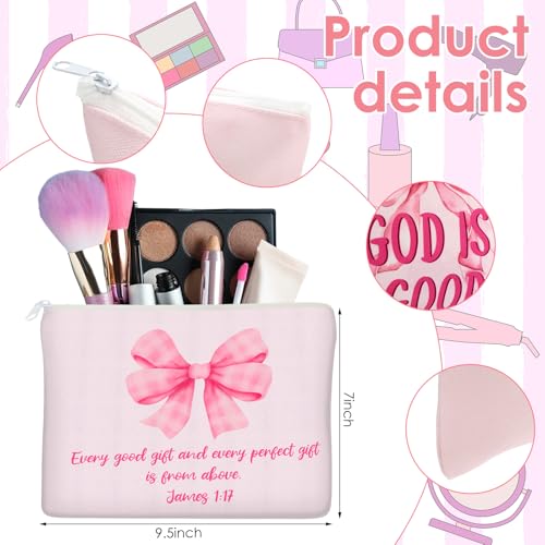 Reginary 9 Pcs Christian Bow Makeup Bags for Women Pink Coquette Bow Bible Verse Toiletry Cosmetic Bag for Inspirational Christian Gifts Religious Faith Based Favors