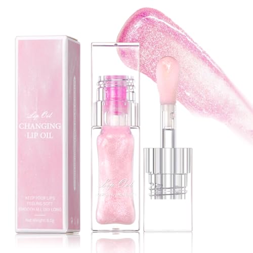 Moisturizing Nourishing Color Changing Lip Oil, Hydrating Lip Glow Oil£¬Upgraded Big Brush Head Warm Change Lip Gloss, Long Lasting Nourishing Plumping, Non-Sticky For Dry Lips (Pink, 0.23oz)