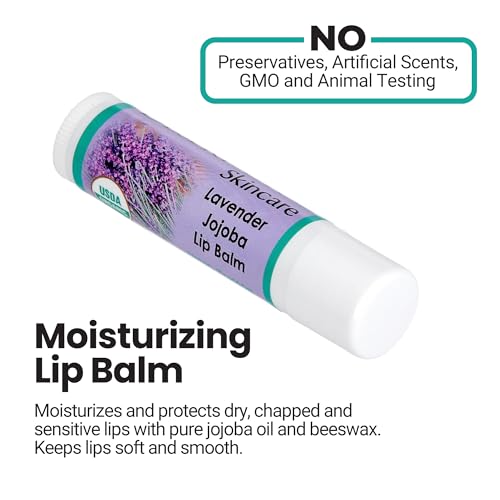 | USDA Organic Lavender Lip Balm ? 70% Jojoba Oil with Beeswax ? Natural Lavender Essential Oil ? Softens, Conditions & Protects Dry Lips ? 2-Pack (0.15 oz / 4.6 g Each)